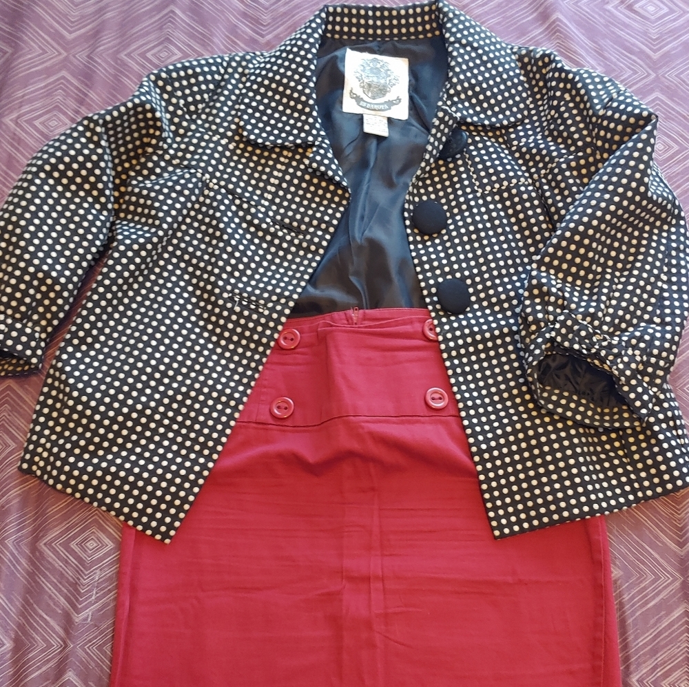 BB Dakota Polka Dot Crop Coat & Red Pencil Skirt